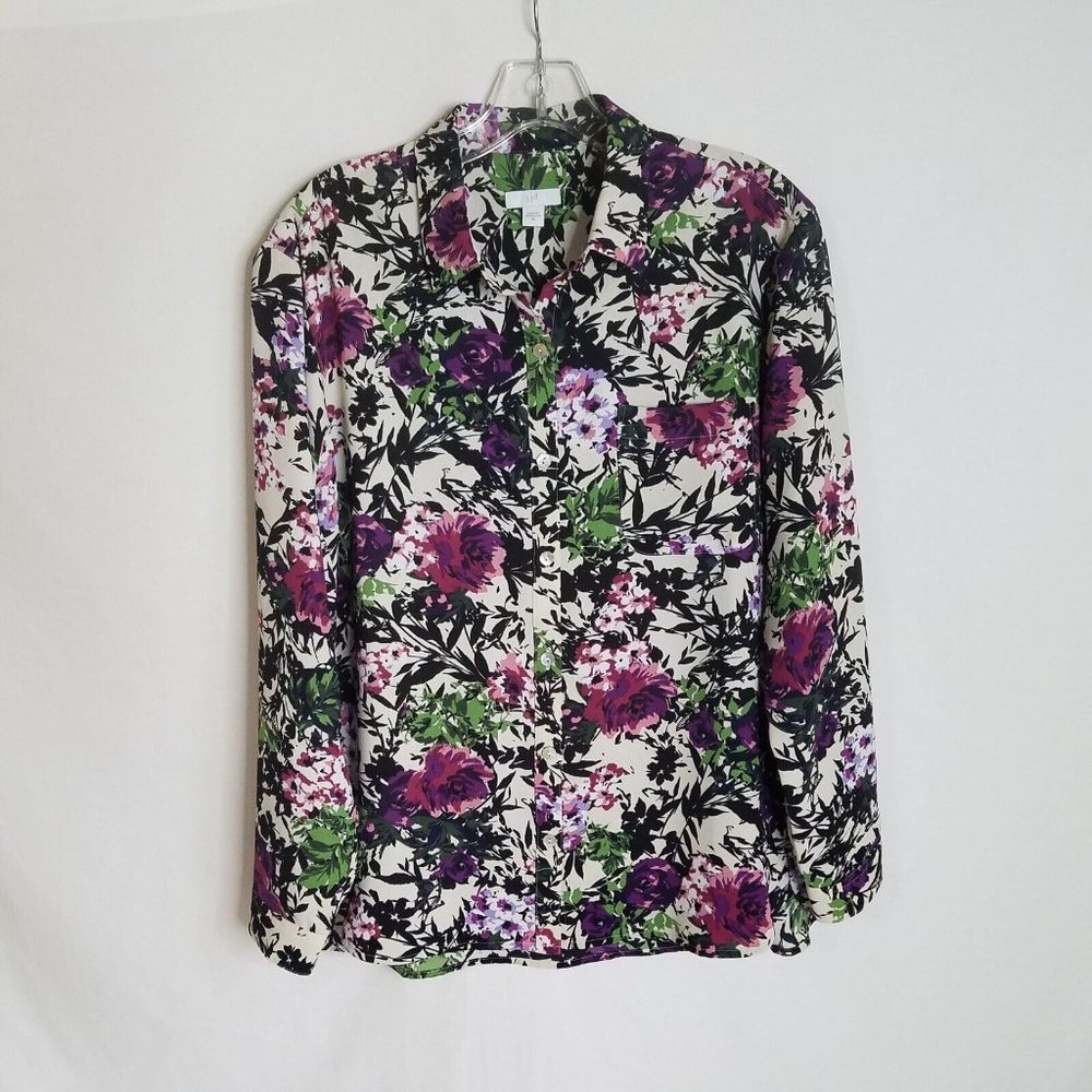 J. Jill Womens Multicolor Floral Button Front Long Sleeve Polyester Shirt Sz XS
